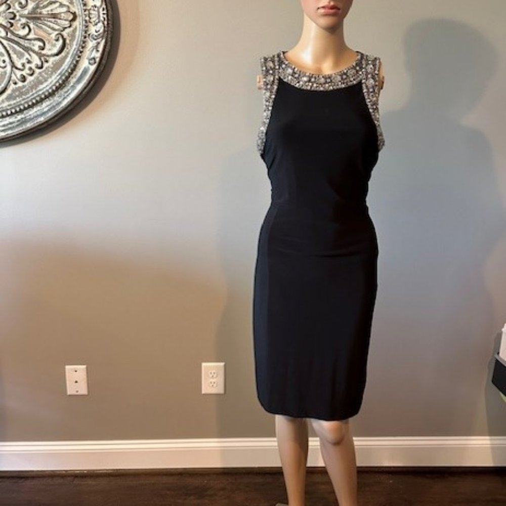 SLNY BLACK SEQUINED COLLAR AND SLEEVE OPENING A-LINE DRESS,